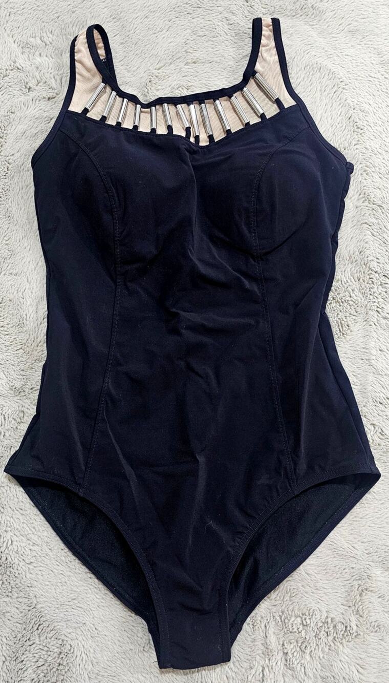 Amoena One Pc Swimsuit, Silver Metal Accents, Black,  Swimwear US Sz 12 New